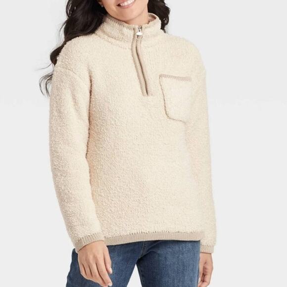 NWOT Knox Rose Ivory Cream Color Quarter Zip pullover Sherpa Size Large - Picture 1 of 7
